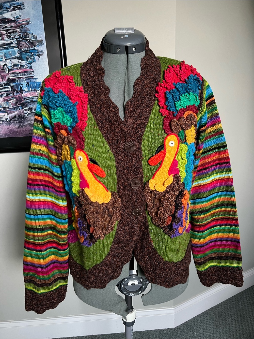 Design Options S M Thanksgiving Turkey Sweater Cardigan Crochet Trim